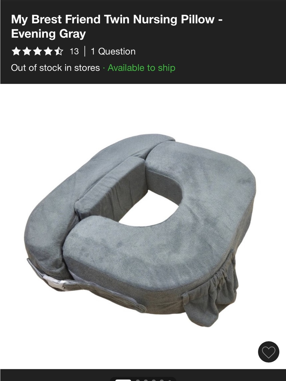 My Brest Friend Twin Nursing Pillow — Gray Support Cushion
